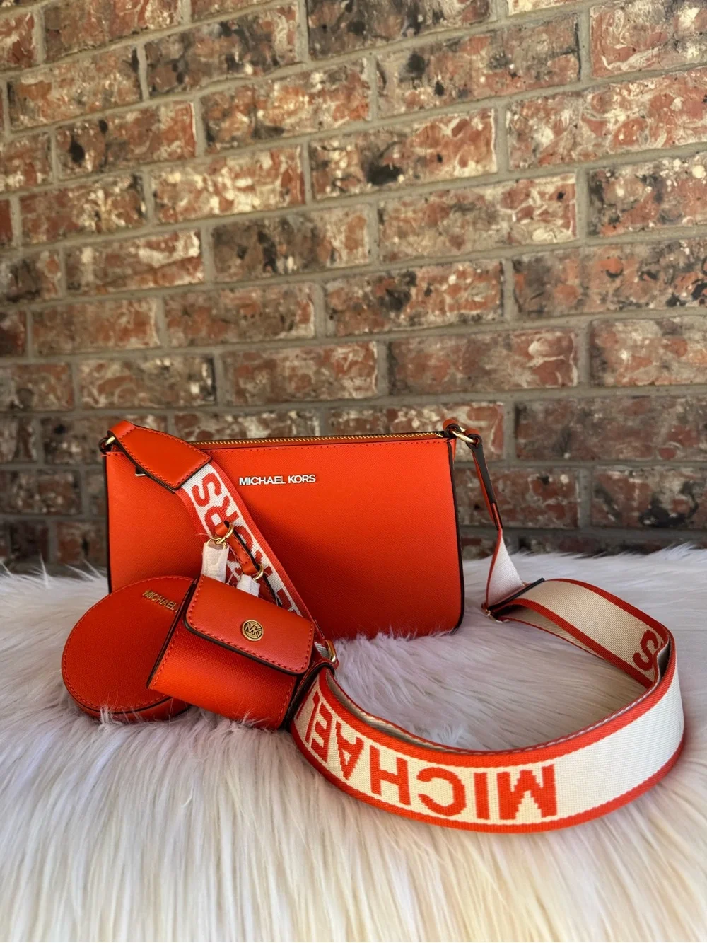 Michael Kors Orange Saffiano Leather Crossbody Trio with Branded Strap